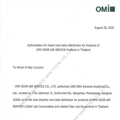 Omi Odor Air Service Co., Ltd., the official Odor Testing and Sampling Equipment in Japan authorized UIA as the Distributor in Thailand for Sampling and Testing equipment and Odor lab consumables.